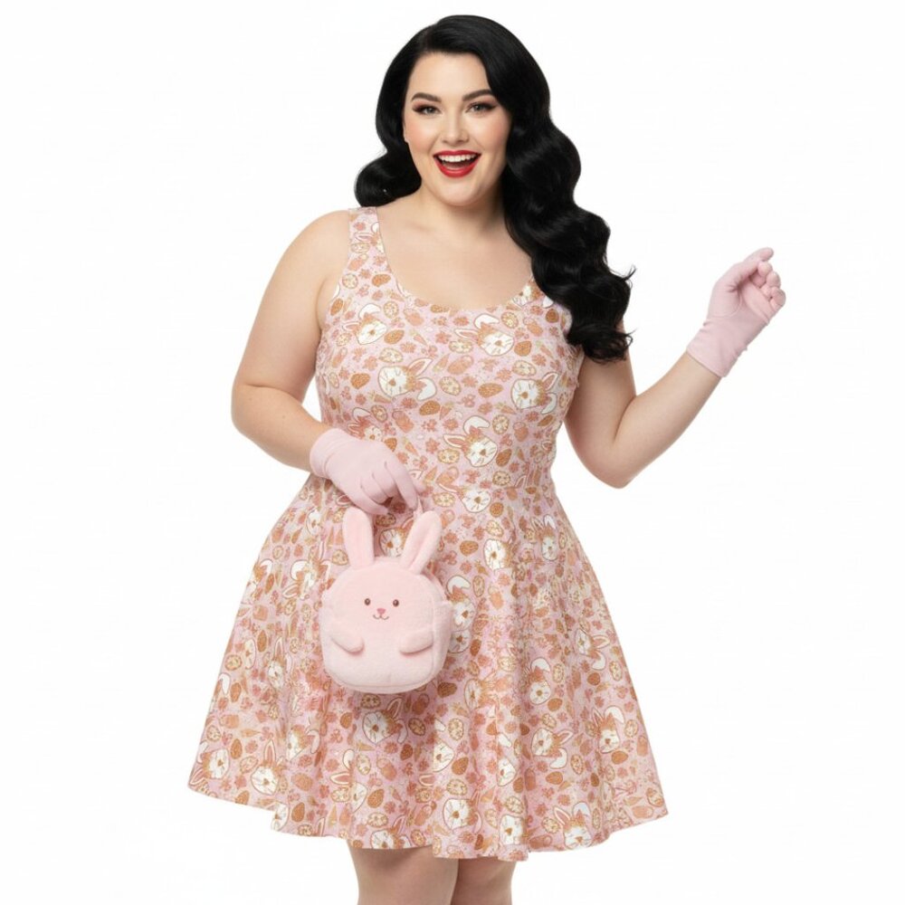 Plus Size Pink Easter Bunny Retro 1950s Swing Dress